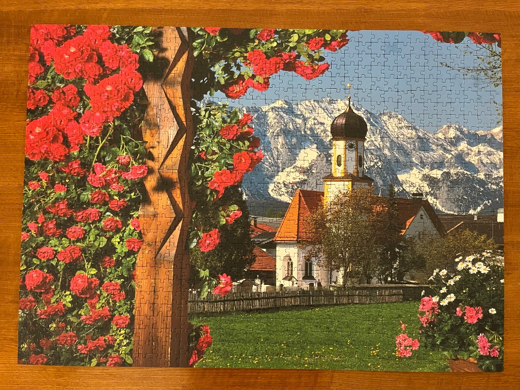 Red roses frame a church with a steeple, white building, and snowy mountains.