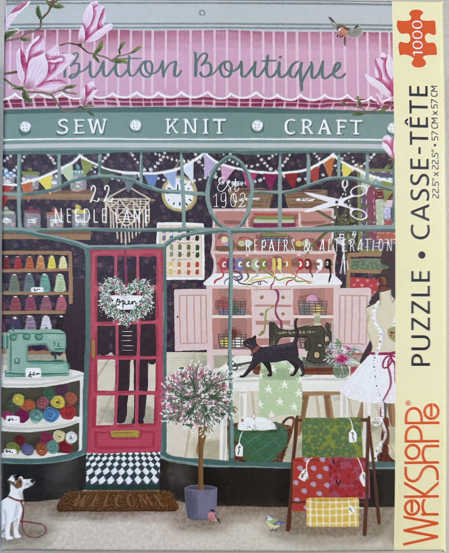 Illustration of a quaint sewing and craft shop storefront called Button Boutique.