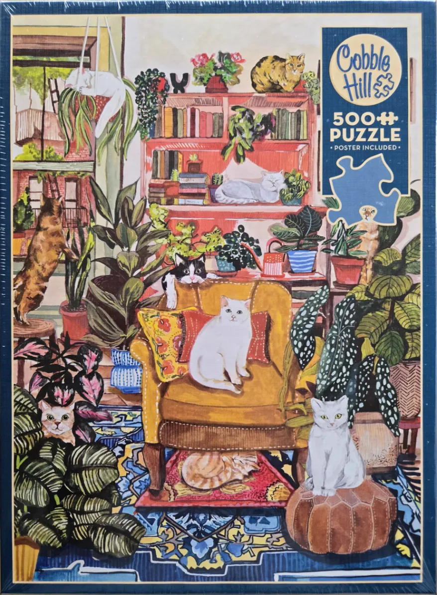 An illustration of several cats lounging in a cozy, plant-filled living room with a bookshelf.