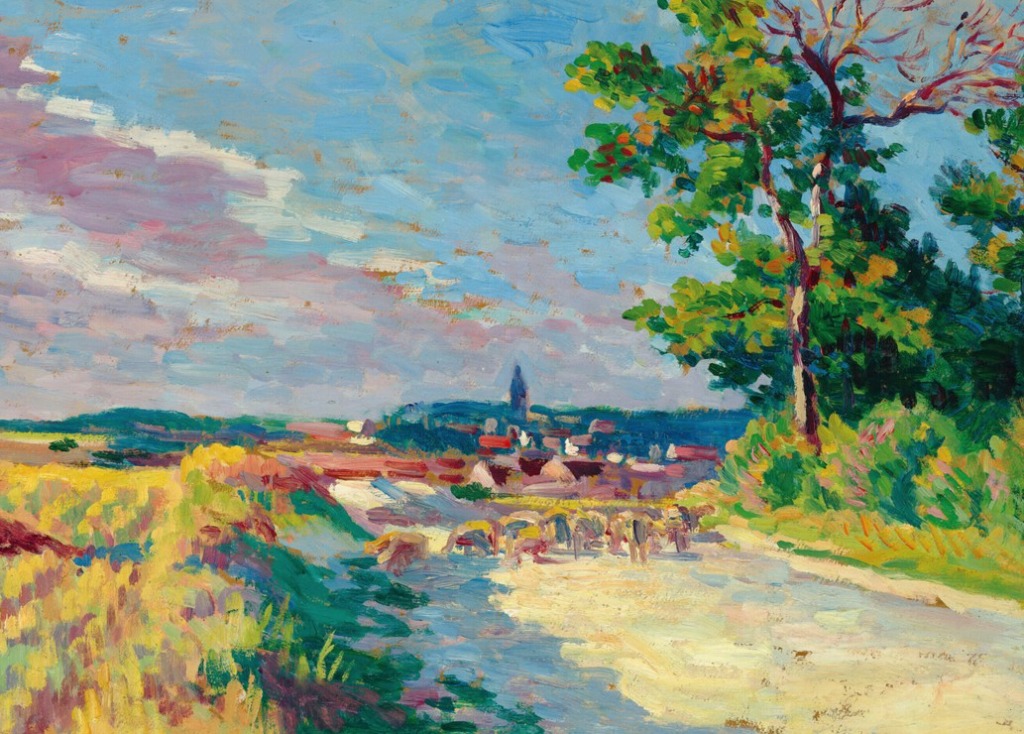 An impressionist painting of a sunlit country road leading towards a distant village with a prominent church spire.