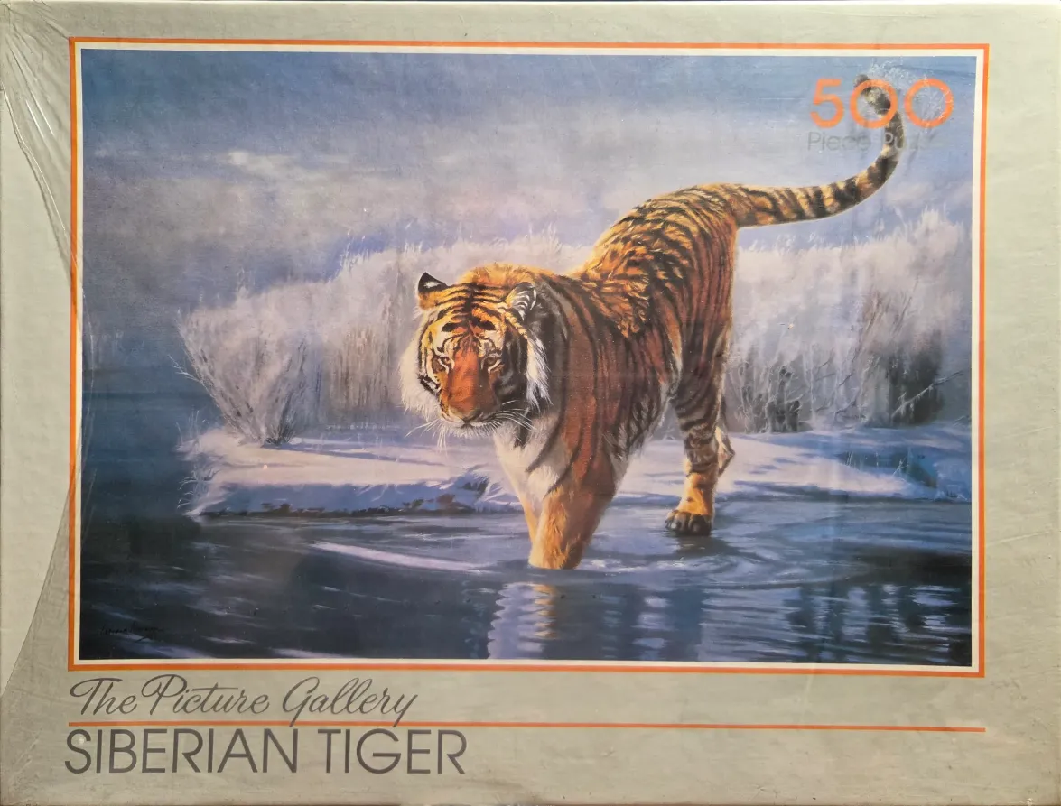 An oil painting of a Siberian tiger wading through shallow, icy water in a snowy landscape.