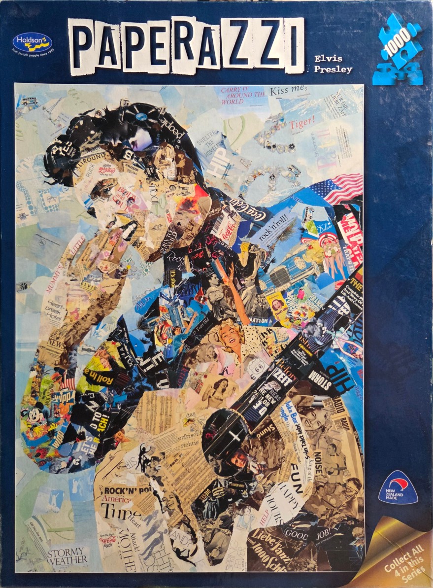 A collage portrait of Elvis Presley constructed from various magazine clippings and text fragments.