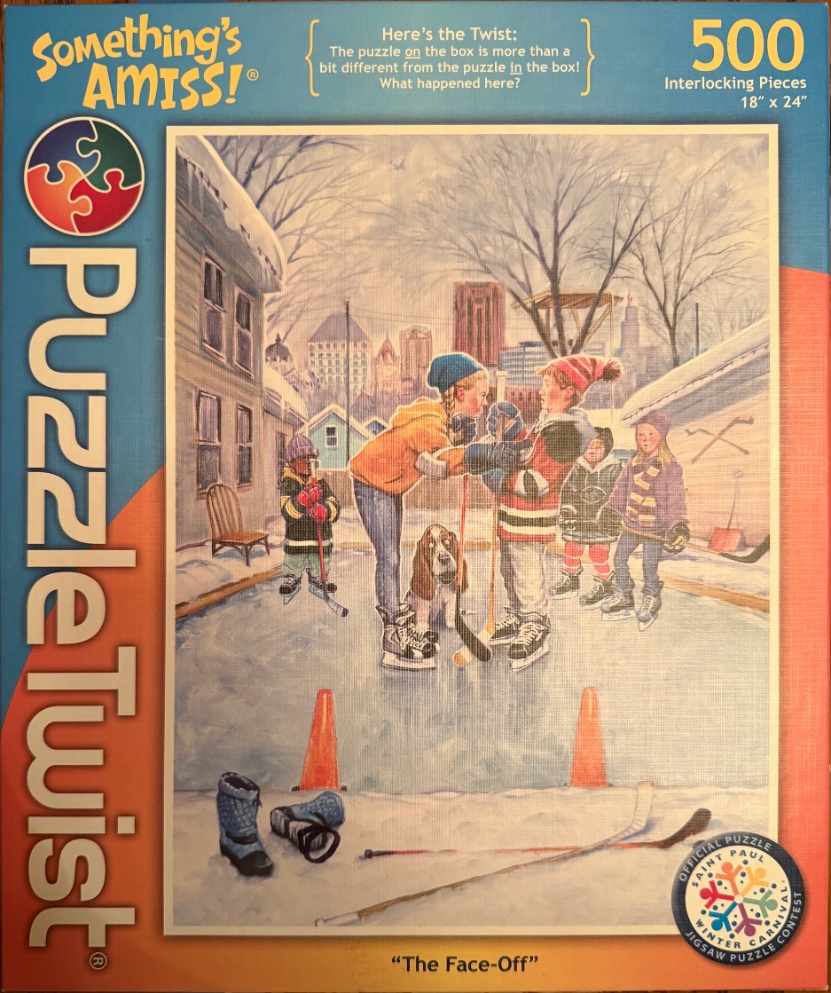Illustration of five children and a dog playing ice hockey on a snowy rink in front of a city skyline.