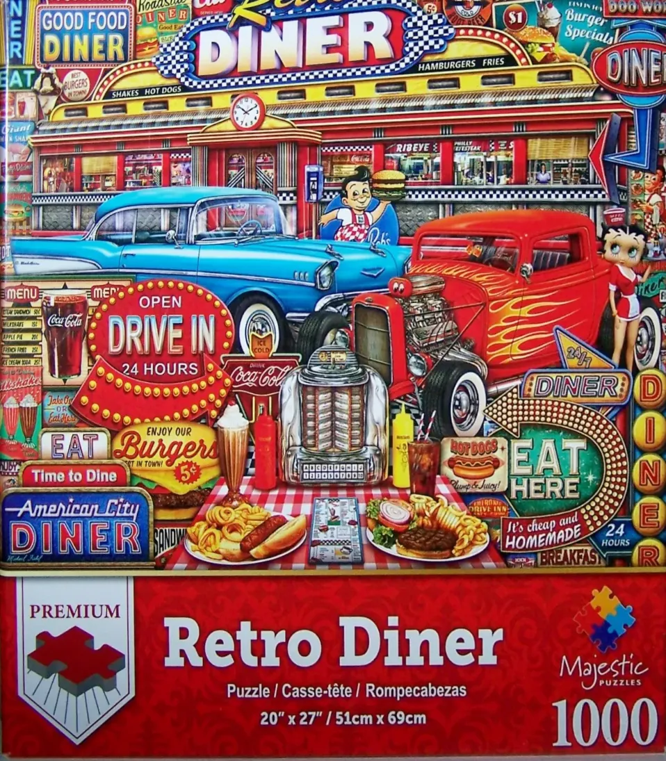 A nostalgic 1950s-style American diner scene with classic cars, a jukebox, and diner food.