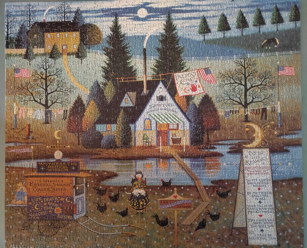 Folk art scene of a mystical cottage with psychic reader, chickens, and a pond under a crescent moon.