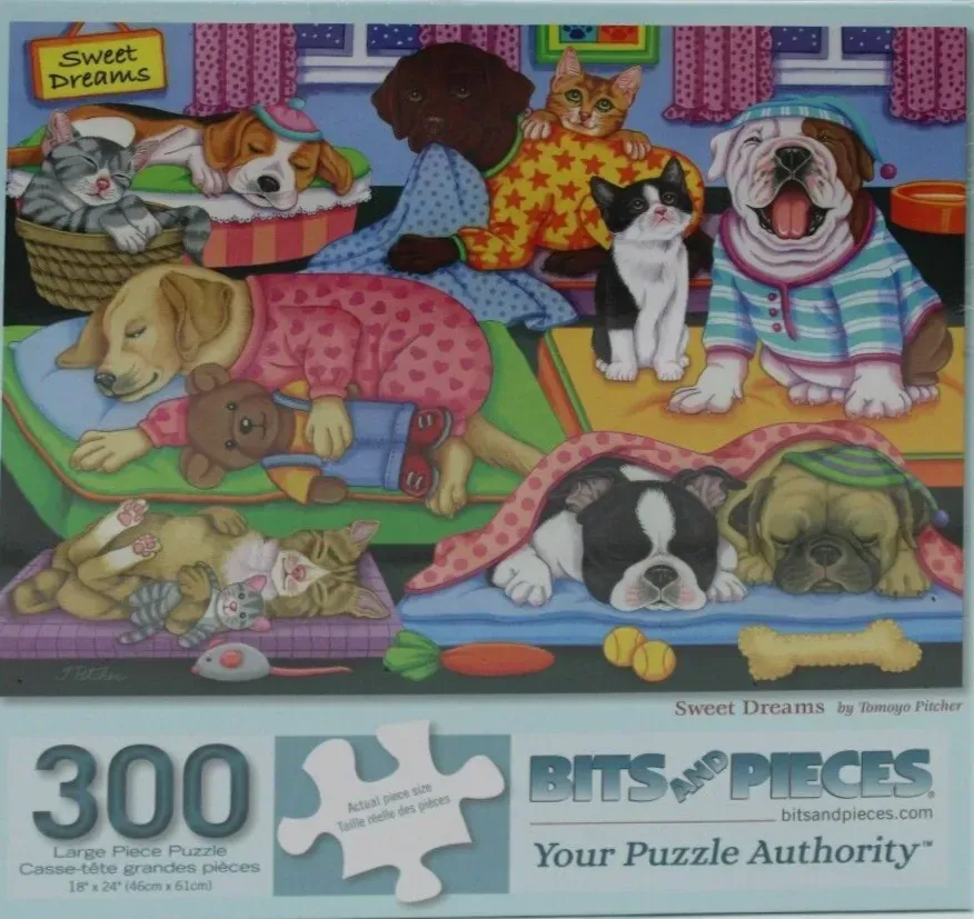 A whimsical illustration of various puppies and kittens wearing pajamas and sleeping or playing in a cozy bedroom setting.
