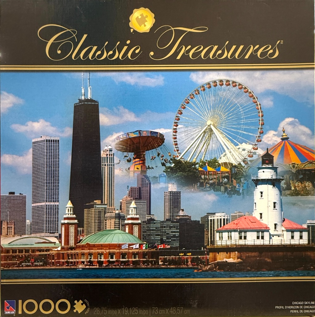 A collage of the Chicago skyline featuring the John Hancock Center, Navy Pier Ferris wheel, and a historic lighthouse.
