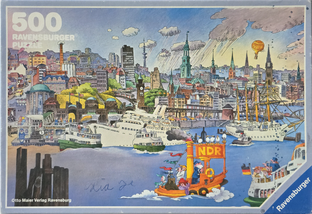 Cartoon illustration of the Hamburg harbor featuring various ships and the city skyline.