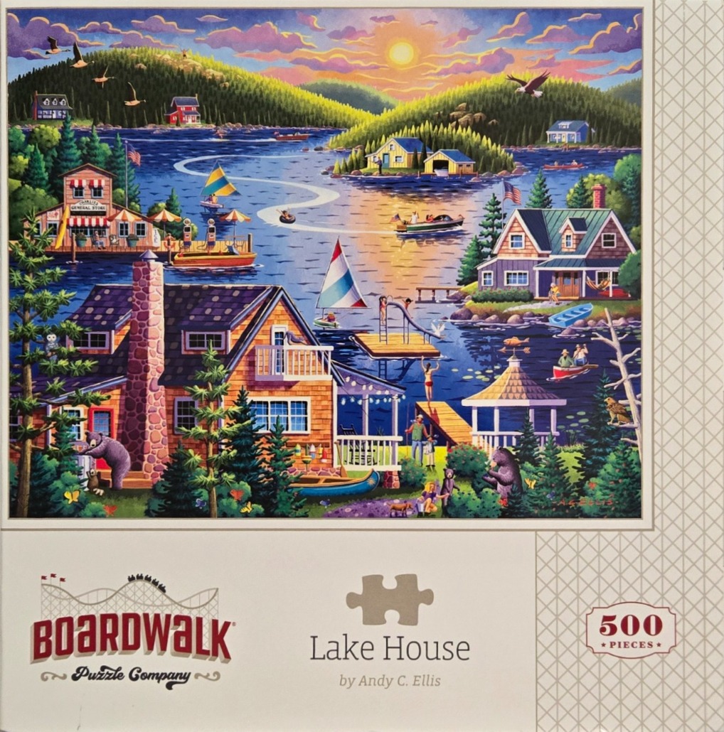 A scenic lake landscape at sunset featuring cabins, a general store, boats, and bears in the forest.