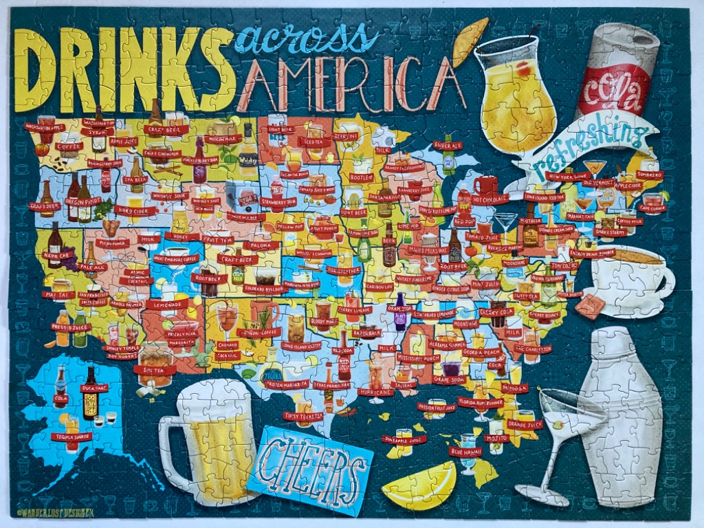 An illustrated map of the United States featuring iconic regional drinks and cocktails.