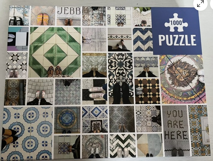 A collage of various floor tiles with people