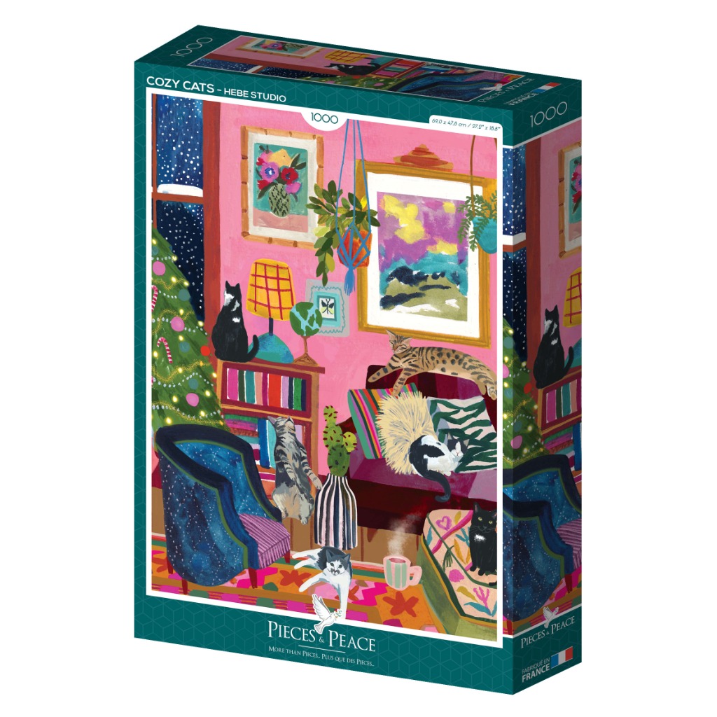 Illustration of cats relaxing in a colorful, cozy living room with a snowy window scene.