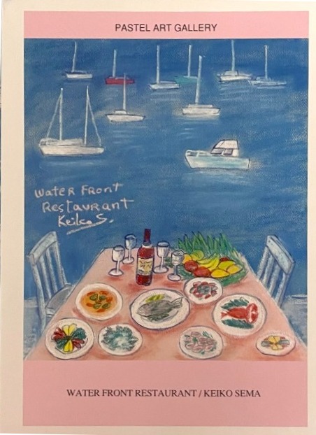 Pastel artwork of a restaurant table set for dinner overlooking a harbor with several sailboats.