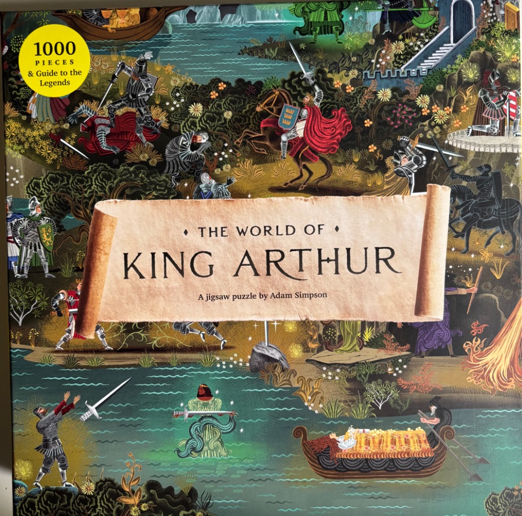 An illustrative collage depicting scenes from Arthurian legend with knights, the Lady of the Lake, and Avalon.