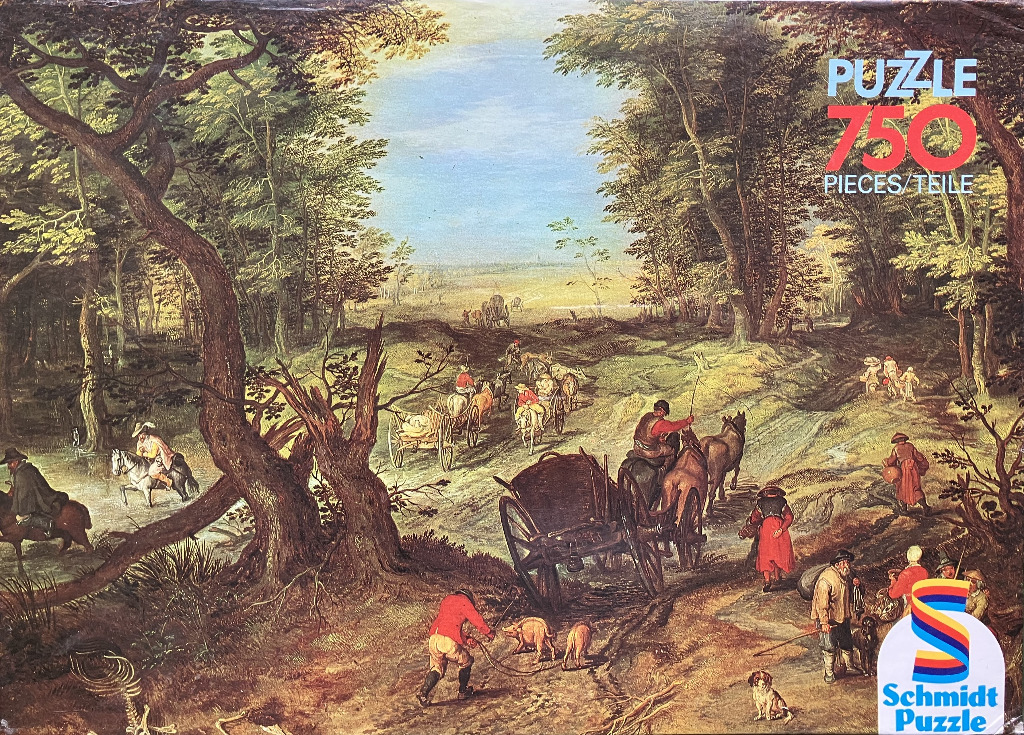 Classical landscape oil painting of a forest road with travelers and horse-drawn carriages.