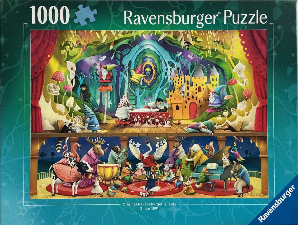 A two-story theatrical illustration featuring a Snow White scene on top and an animal orchestra on the bottom level.