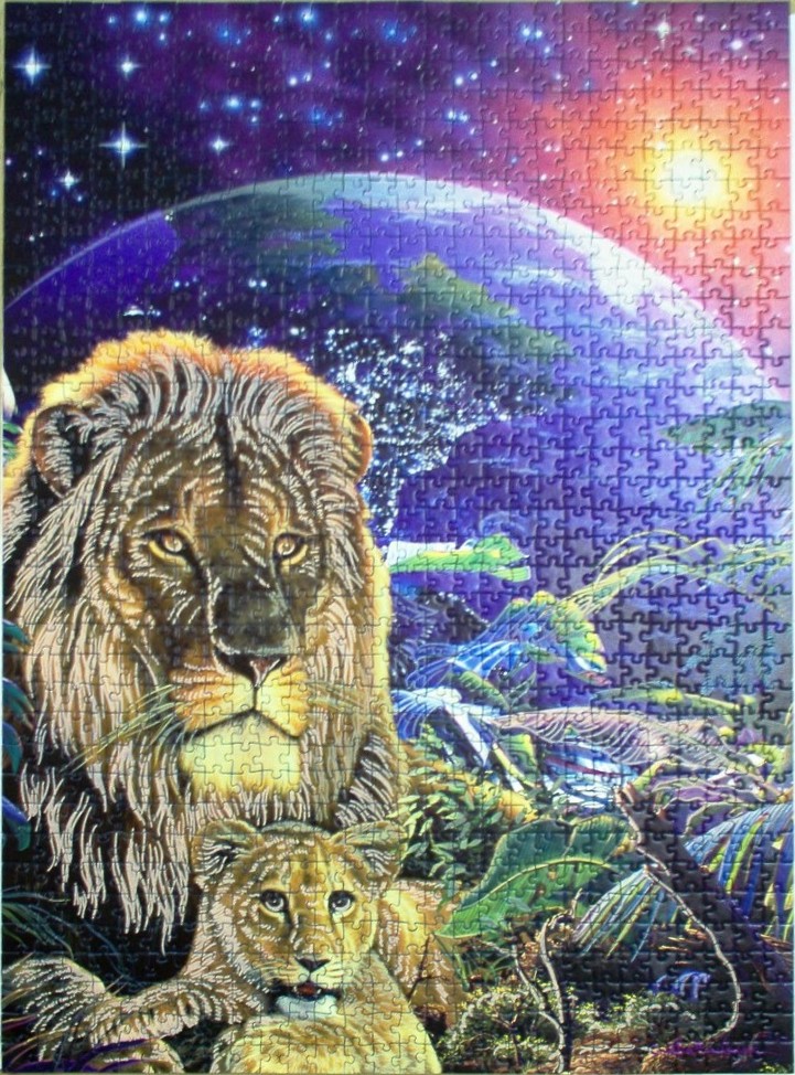 A male lion and cub set against a surreal cosmic backdrop featuring a large planet and starry sky.