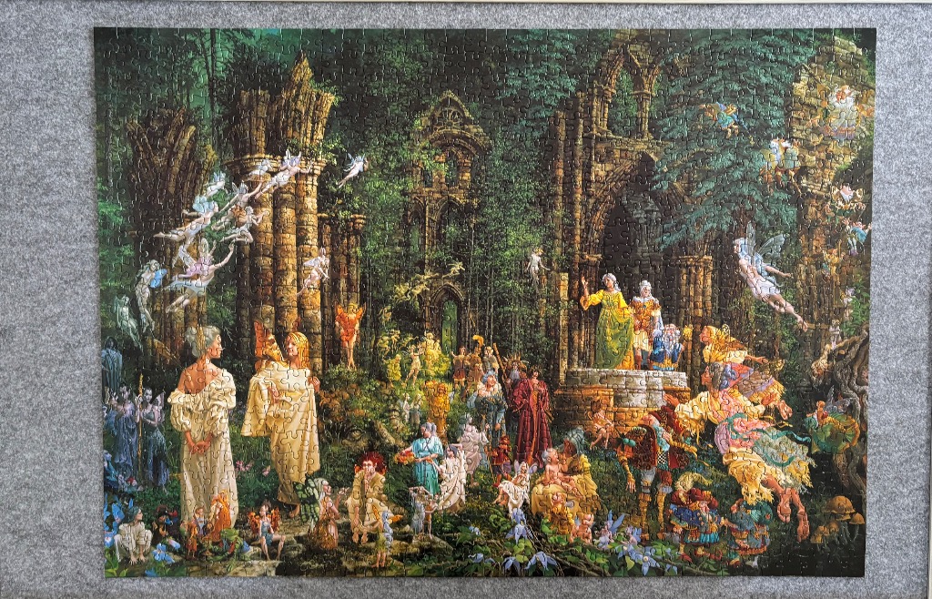 A fantasy illustration of fairies and people gathered in overgrown ancient gothic ruins.