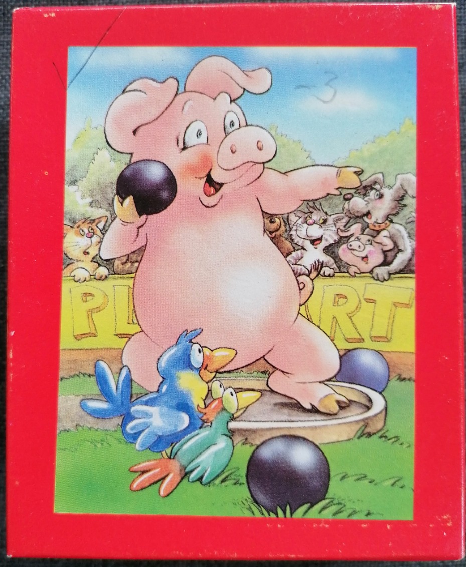 Cartoon illustration of a pig preparing to throw a heavy black ball in a park setting.