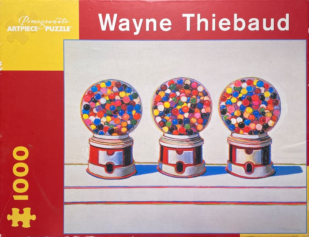 A Wayne Thiebaud painting of three gumball machines lined up against a light grey background.
