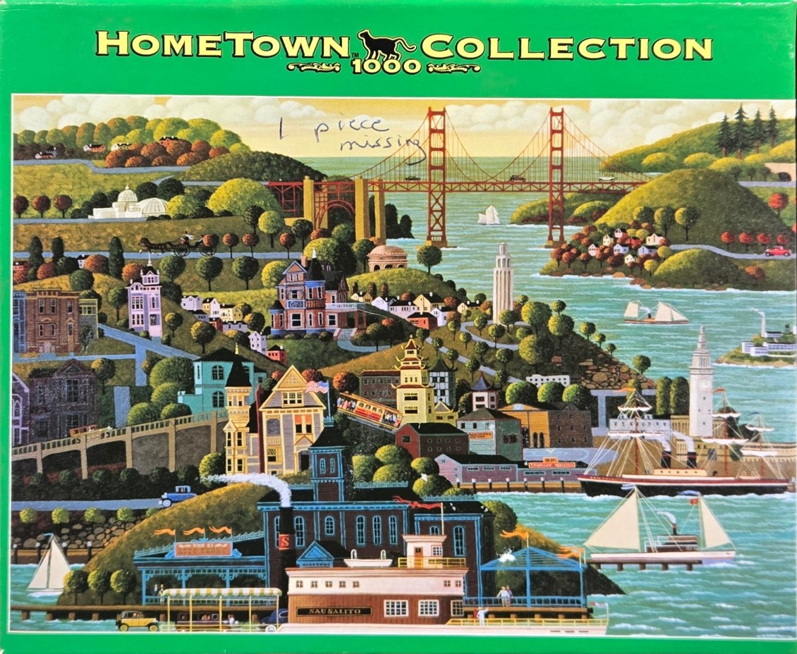 Illustration of the San Francisco Bay with the Golden Gate Bridge, ferries, and hilly coastal Victorian homes.