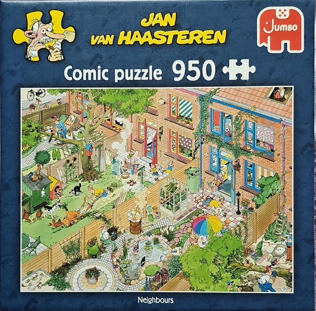 Busy, detailed cartoon scene of neighbors interacting in a shared suburban backyard garden setting.