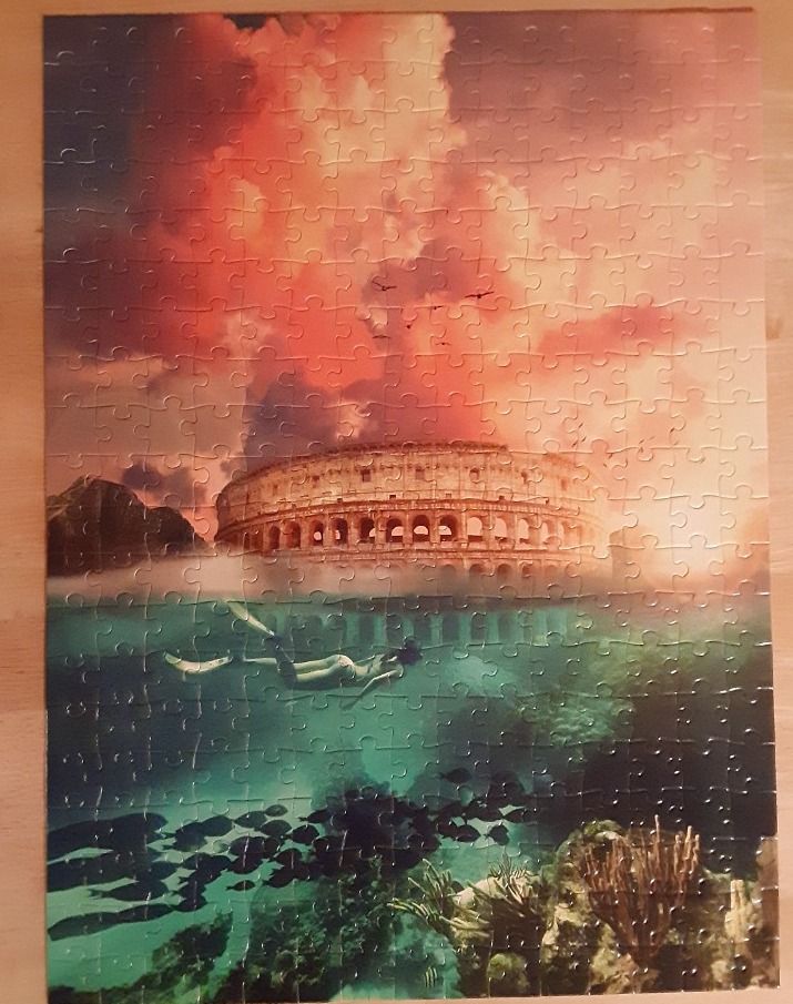 Surreal illustration of a swimmer floating in clear water beneath the Roman Colosseum at sunset.