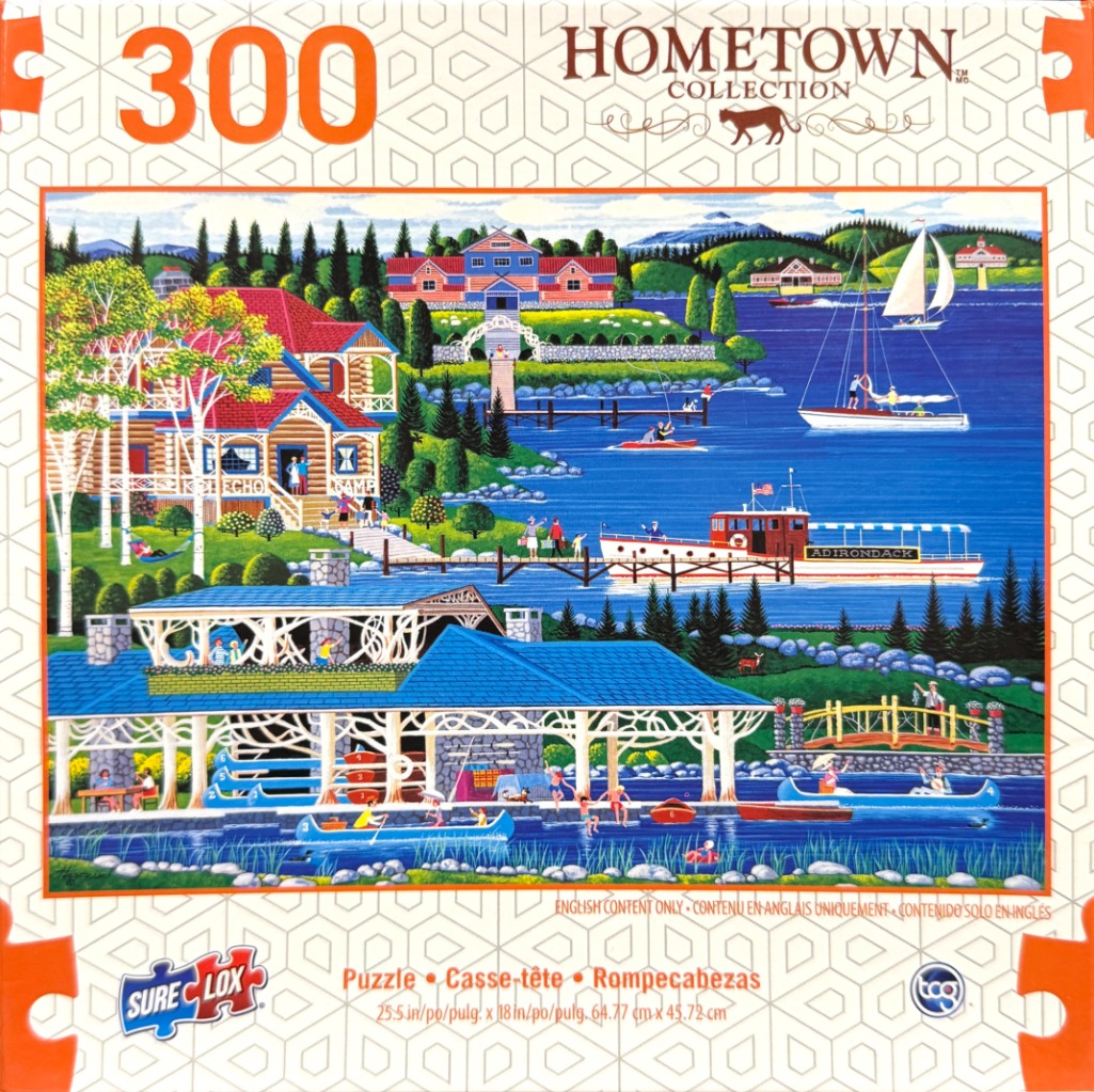 Painting of a lakeside resort with boats, a dock, and people enjoying summer activities by the water.