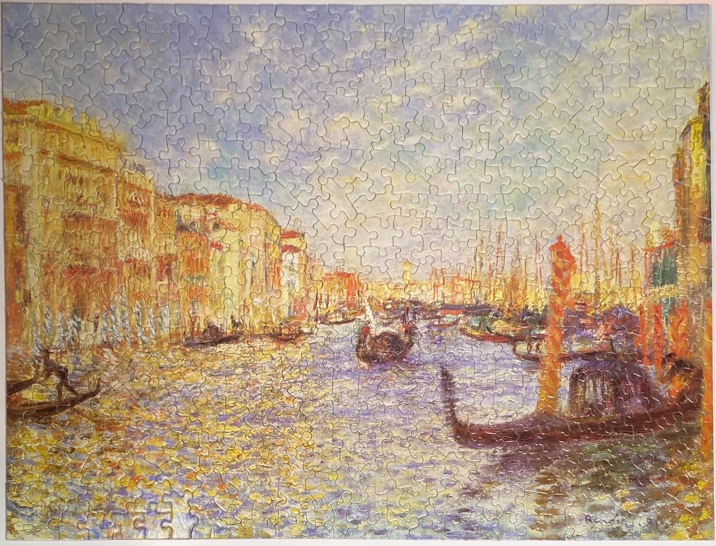 Impressionist painting of the Grand Canal in Venice featuring gondolas and golden sunlight