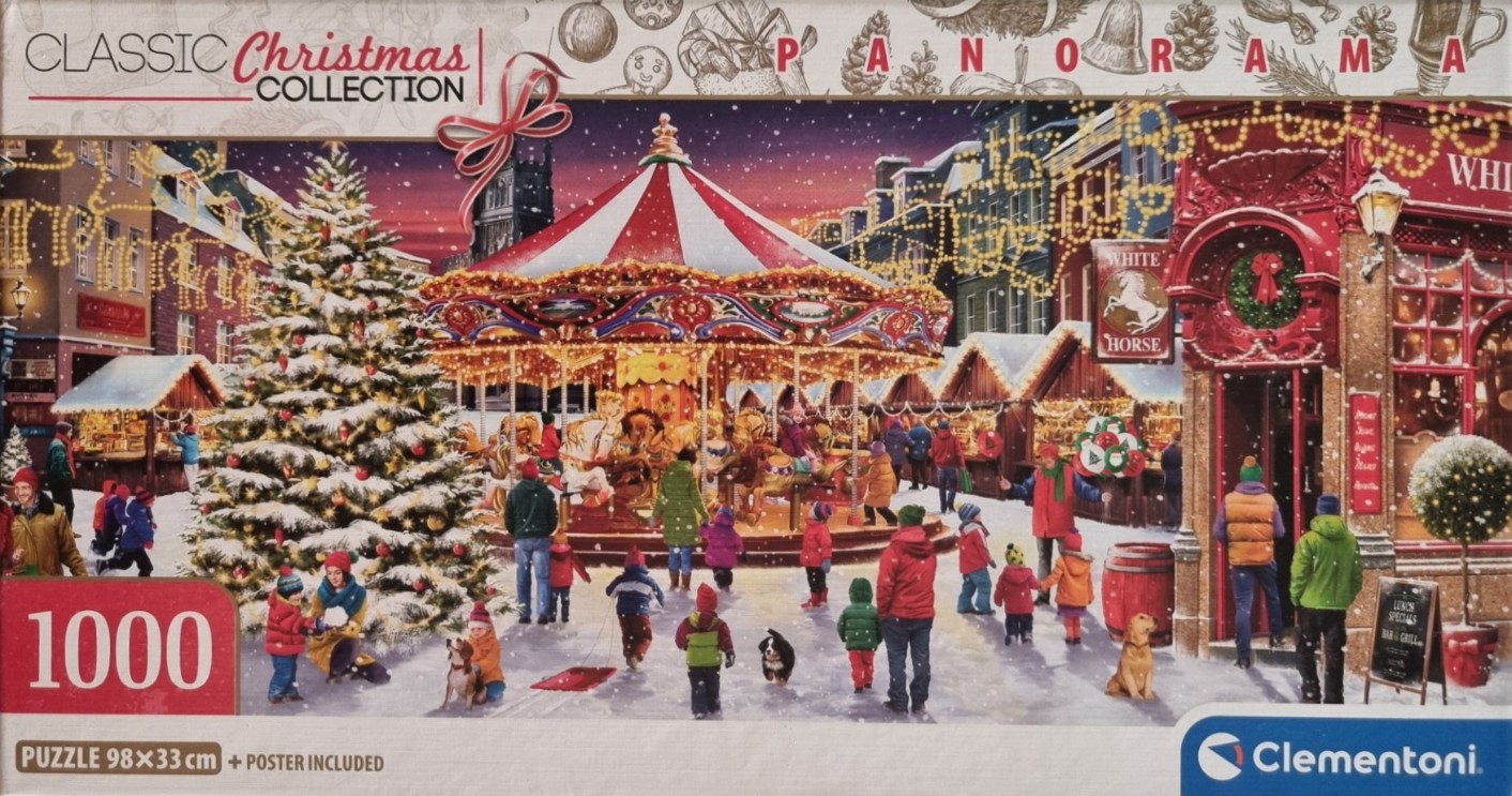 A festive Christmas market scene with a lit carousel, a large decorated tree, and people in a snowy town square.