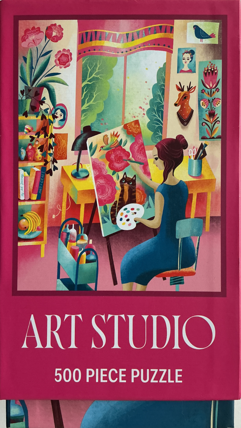 An illustration of an artist painting a cat surrounded by flowers in a cozy studio.