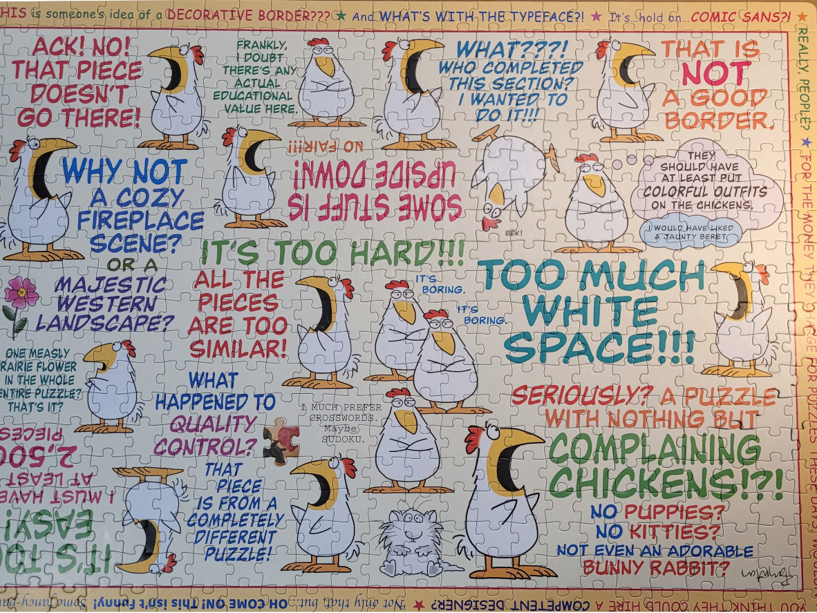 A humorous cartoon scene featuring multiple chickens complaining about the difficulty of the puzzle they are in.