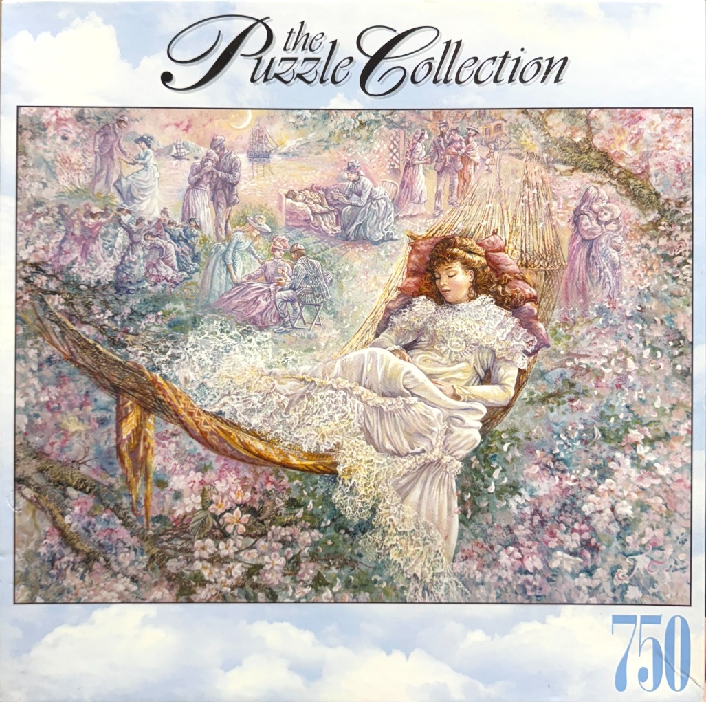 A romantic impressionist painting featuring a woman resting in a hammock surrounded by figures in Victorian-style clothing.