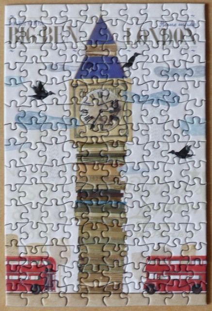 Stylized illustration of Big Ben tower with red double-decker buses and black birds on a vintage-style background.