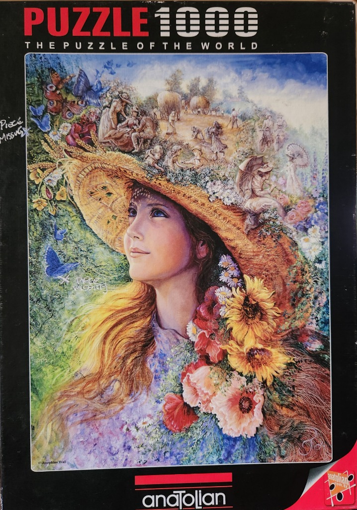 A dreamy illustration of a young woman with long hair wearing a large, decorated sunhat brimming with harvest scenes.
