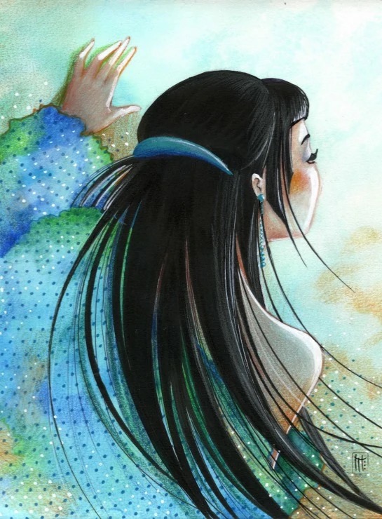 An illustration of a young woman with long black hair reaching toward a bright, ethereal background.
