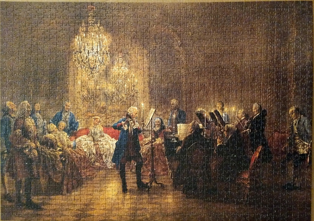 A formal 18th-century indoor concert scene featuring a flautist performing for an audience in a candlelit room.
