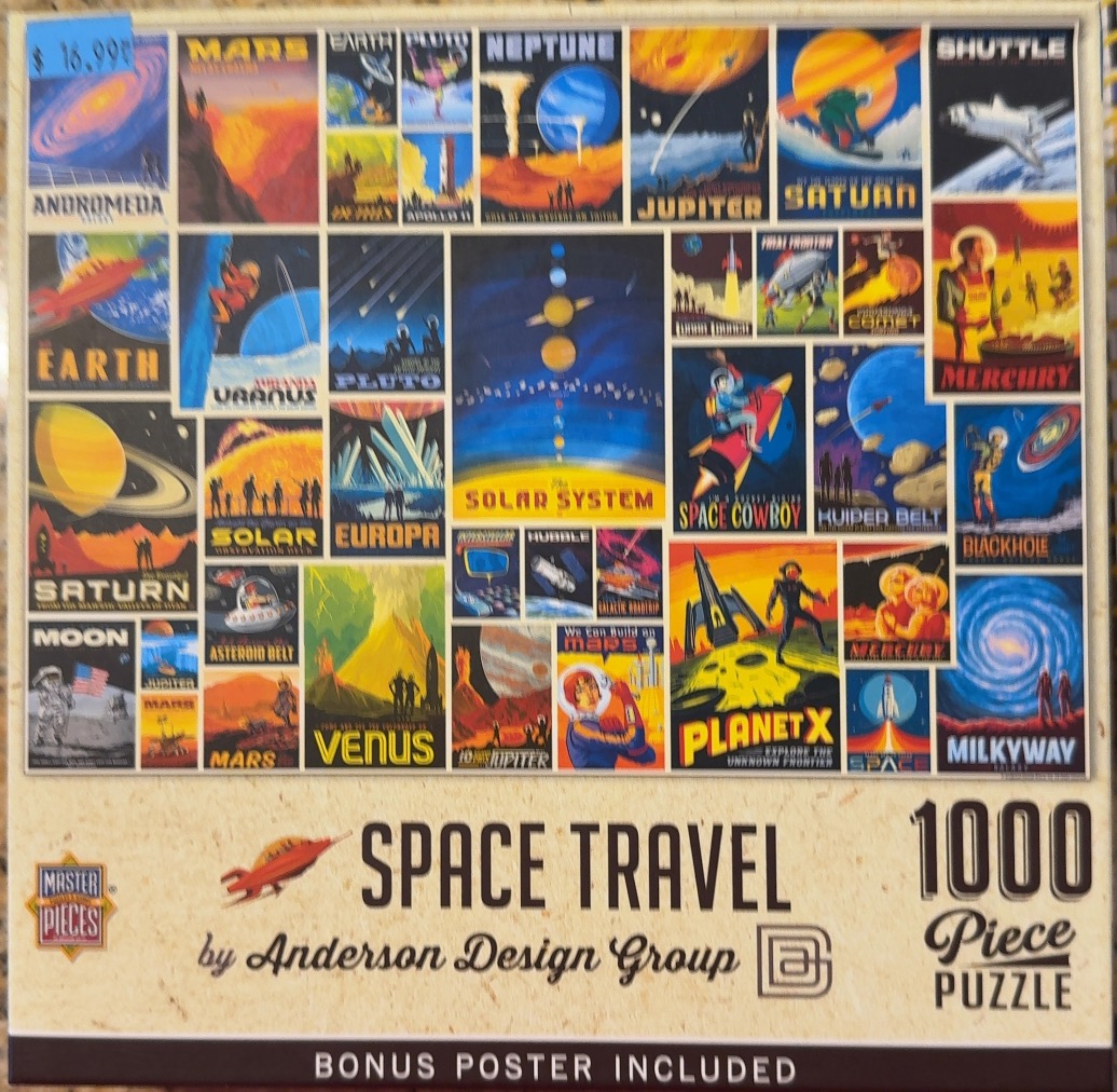 A collage of vintage-style travel posters depicting various planets, space phenomena, and cosmic exploration scenes.