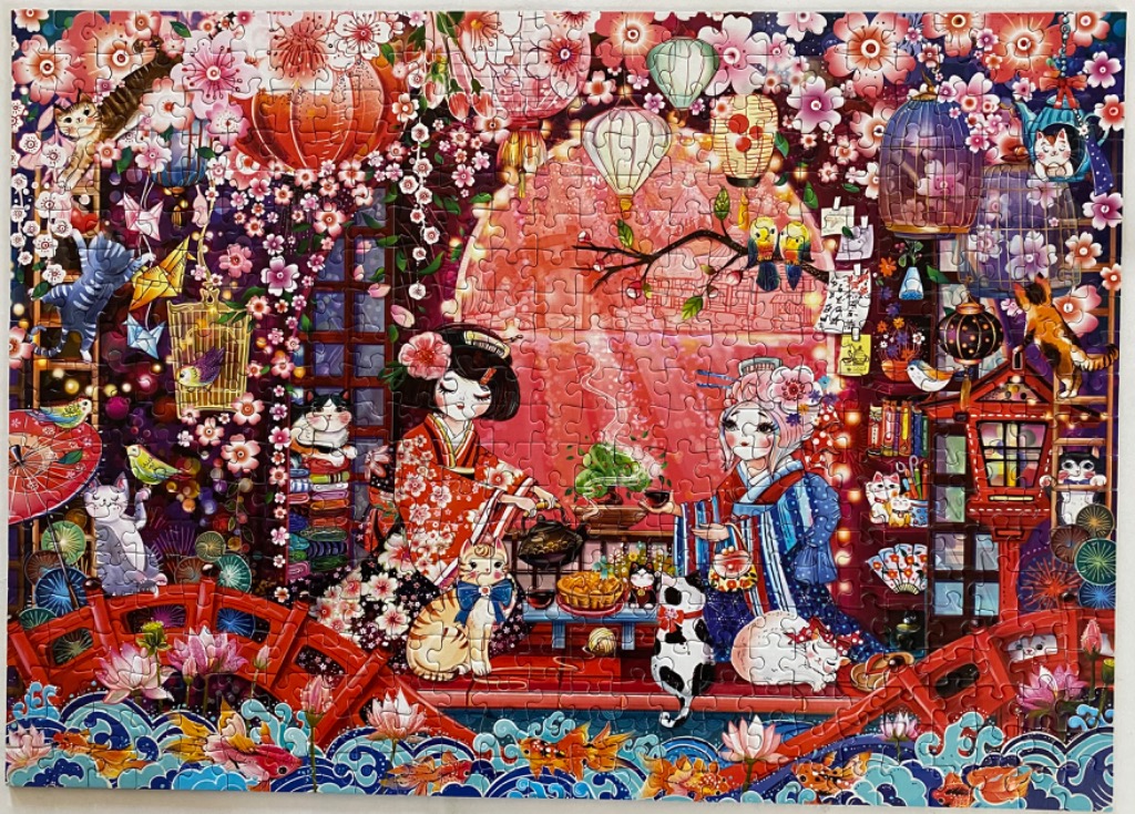 Two women in kimono surrounded by cats and cherry blossoms in a vibrant, artistic scene.