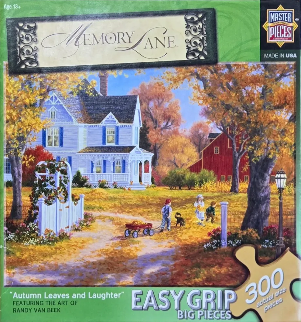 An autumn landscape with a blue farmhouse, a red barn, and children playing in a leaf-covered yard.
