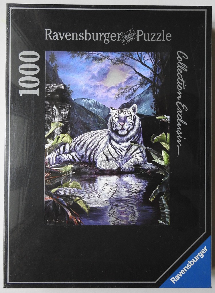 A white tiger resting beside a tranquil jungle pool beneath a moonlit mountain landscape.