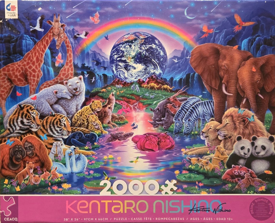 A whimsical wildlife paradise scene featuring a vibrant rainbow over Earth, surrounded by various animals and birds.
