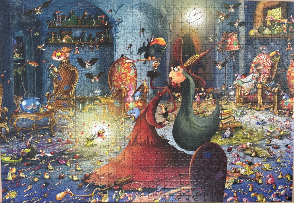 A whimsical illustration of a witch in her potion-filled castle, surrounded by small, mischievous creatures.