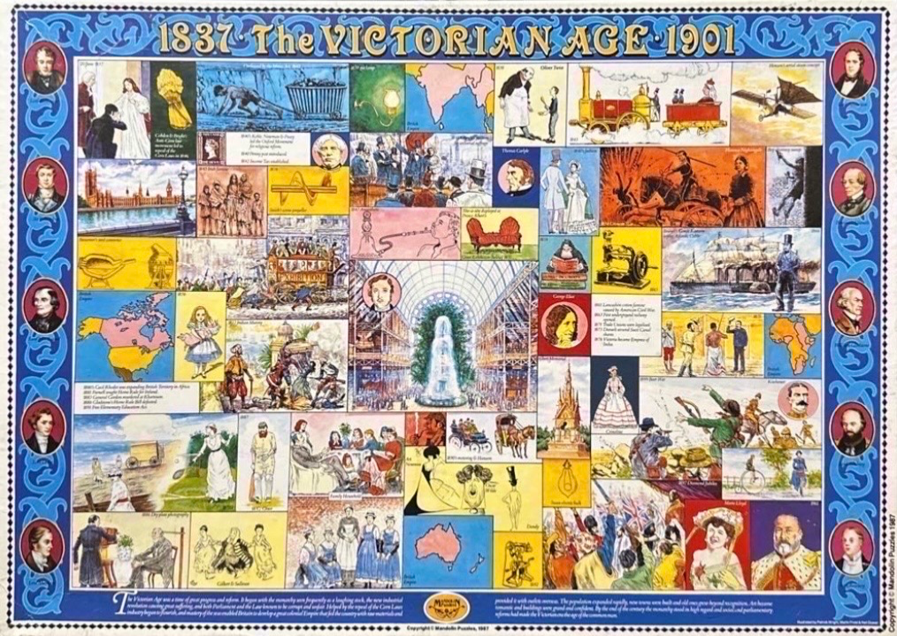 A montage of illustrations documenting key historical figures, events, and cultural icons of the Victorian Age.