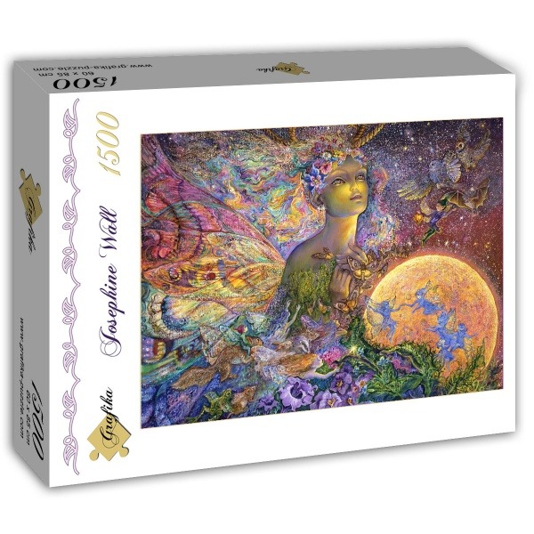 Fantasy illustration of a celestial fairy figure surrounded by moths, flowers, and small winged creatures under a full moon.