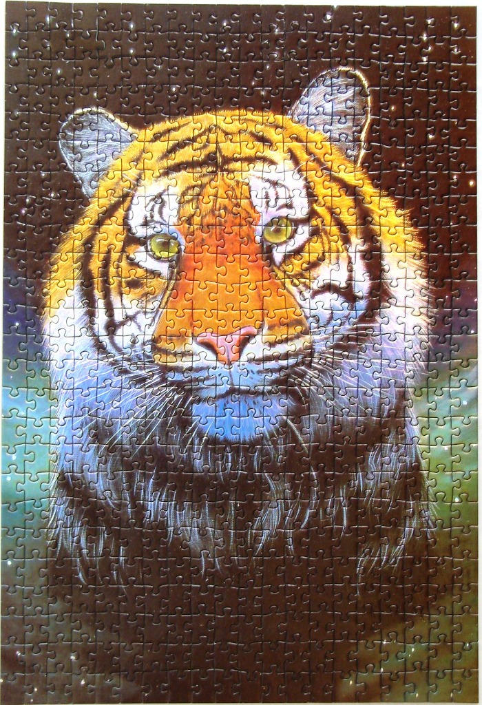 Portrait of a tiger with golden fur against a starry, dark cosmic background