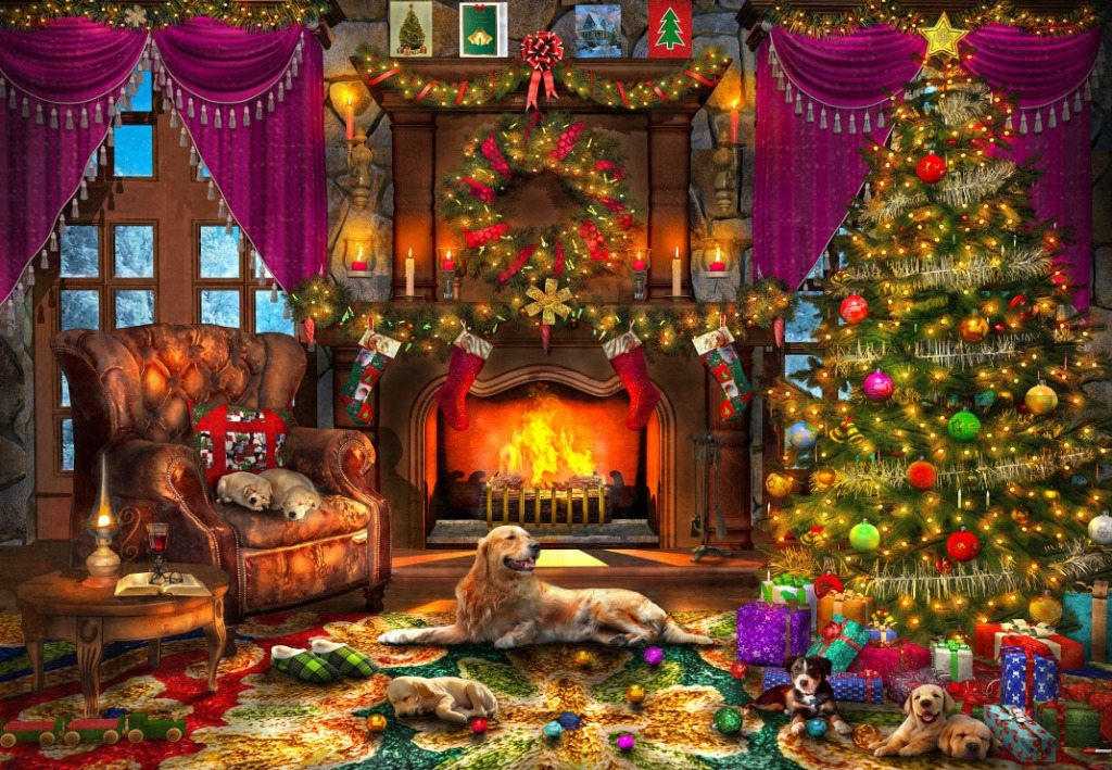 A cozy Christmas scene featuring a fireplace, a lit tree, and several dogs relaxing on a rug.