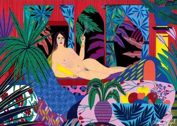A stylized illustration of a nude woman reclining in a lush, vibrant room with tropical plants and bold patterns.