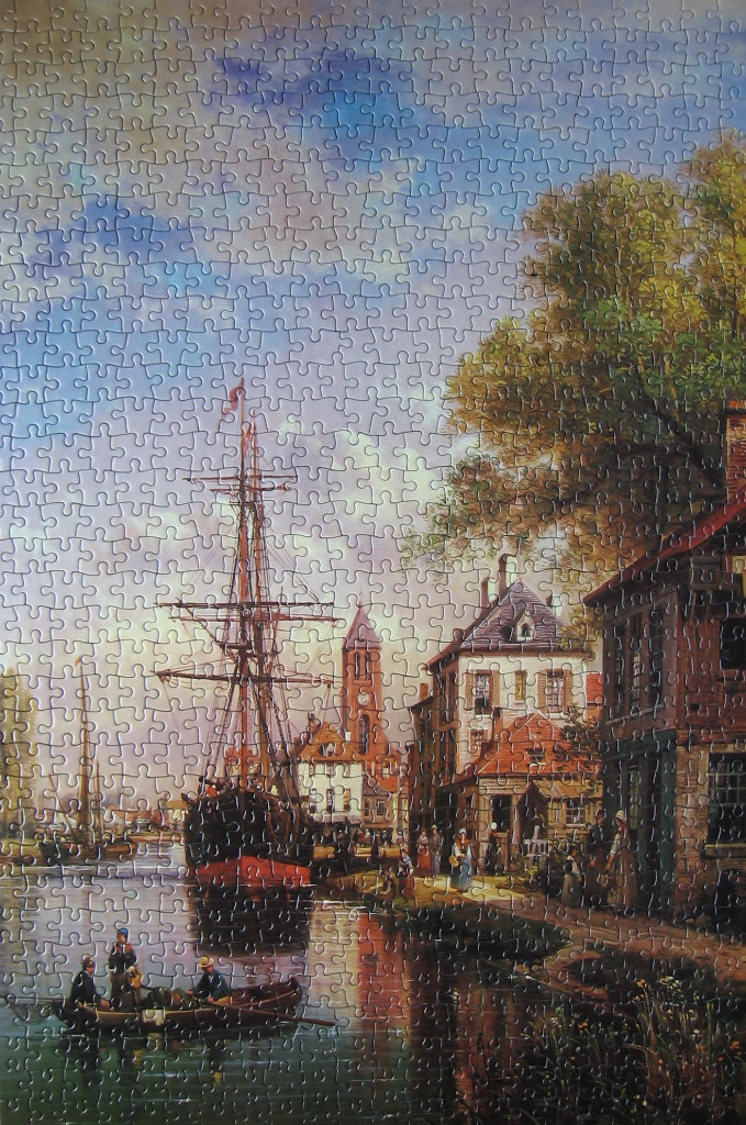 An oil painting style harbor scene featuring a large sailing ship, a town canal, and figures in a boat.