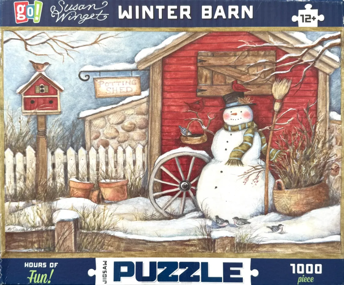 A whimsical winter scene featuring a red barn, a snowman, and various birds, painted in a folk art style.